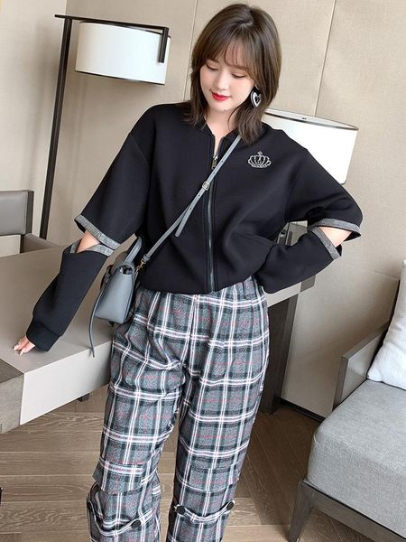 women's two piece pants set auger hollow out straight zipper baseball uniform coat sleeve of the autumn/winter plus sizes large size, White